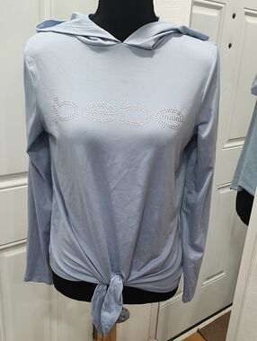 bebe Light Blue Rhinestone Logo Tie-Front Hooded Top